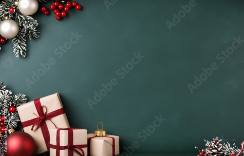 Christmas decorations with gifts and ornaments on a green background during t...