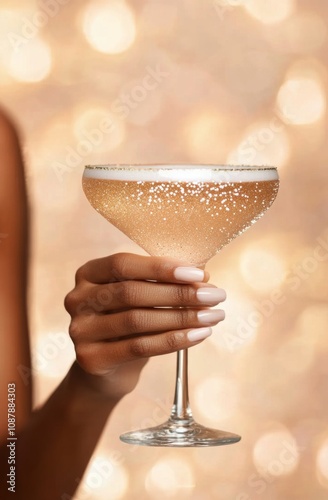 A close up view of a hand holding a sparkling drink at a celebration with gol...