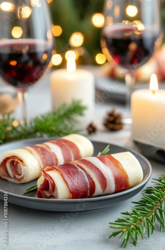 Delicious holiday appetizer with prosciutto, cheese, and festive decorations ...