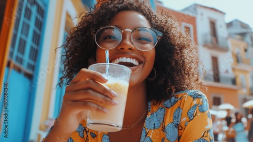 A woman enjoys a refreshing drink in a lively cafe during the sunny afternoon