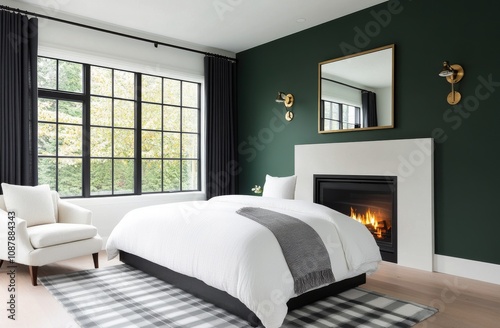 Cozy winter bedroom with a fireplace and large window showcasing snowy landscape