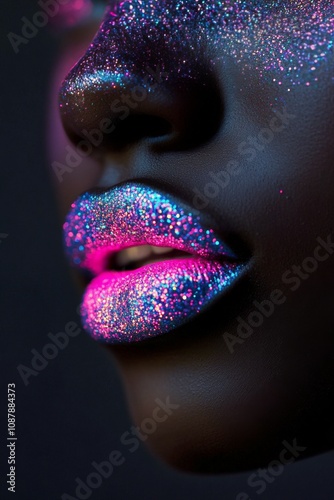Close up of shiny lips adorned with colorful glitter against a dark backgroun...