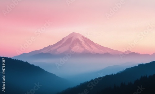 Misty mountain landscape at dawn with trees and soft pink sky in the morning ...
