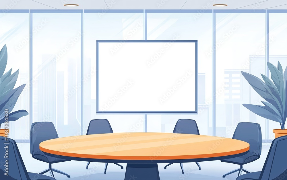 Fototapeta premium Modern conference room with large round table and empty presentation screen in a bright office building during daytime