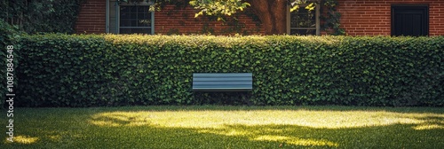 A serene garden with lush green grass and well trimmed hedges in the afternoo...