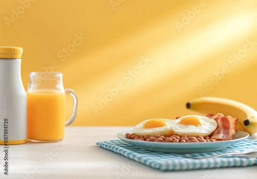 Delicious breakfast with eggs, bacon, beans, bananas, and orange juice on a b...