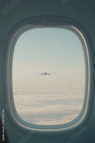 View of an airplane approaching for landing through a passenger window in the...