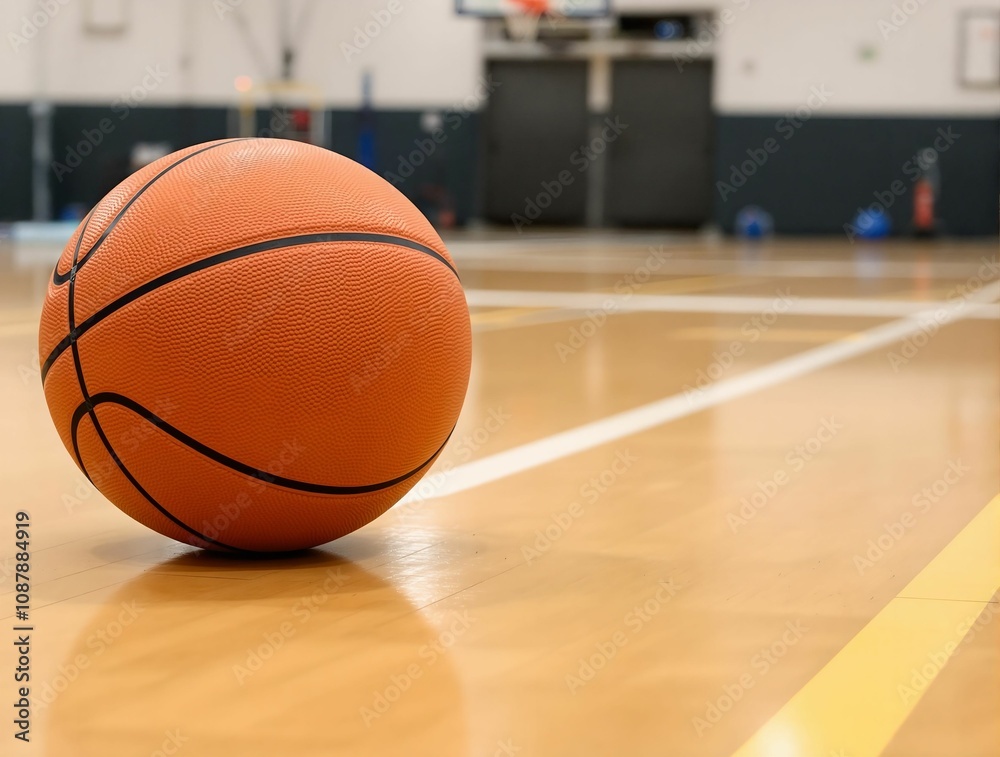 Isolated basketball placed on a gym floor, with blurred gym equipment and court lines in the background Isolated basketball placed on a gym floor, with blurred gym equipment and court lines in the background