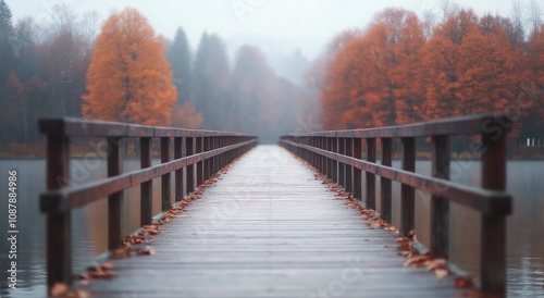 Wooden bridge extending over calm water surrounded by lush trees on a misty day