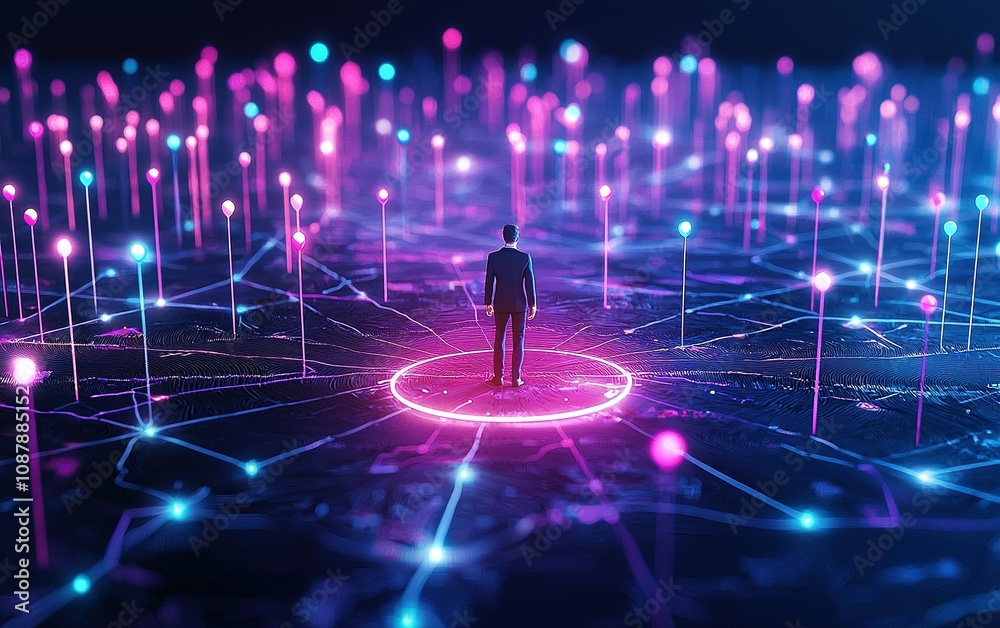 A person stands surrounded by glowing data points on an abstract digital landscape at night, immersed in technology and connectivity A person stands surrounded by glowing data points on an abstract digital landscape at night, immersed in technology and connectivity