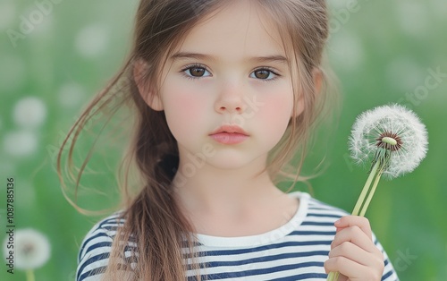 A young girl smiles while holding a dandelion in a sunlit meadow during sprin...