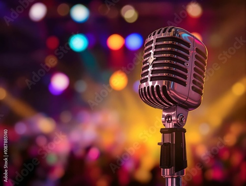Vintage microphone on a stage with blurred colorful spotlights and an audience in the background