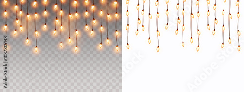 Lights bulbs border isolated on transparent and white backgrounds. Glowing vertical fairy Christmas garland strings. Vector New Year party led lamps decorations