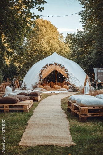 Charming outdoor event setup with a pathway, chairs, and decorative elements ...