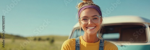 Young woman with glasses and a headband smiles in front of a vintage van on a...
