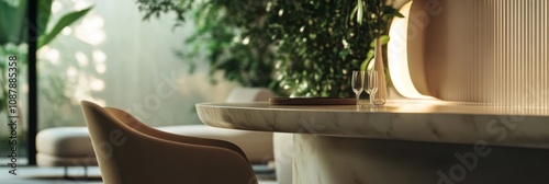 Modern dining room with elegant round table and stylish chairs in a contempor...
