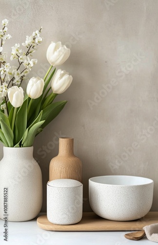 Minimalist vase with branches and a white cup on a wooden table in a serene s...