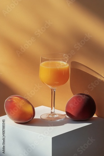 Refreshing peach smoothie in a glass with fresh peaches on a minimalistic tab...