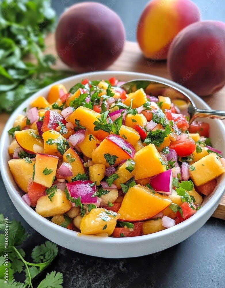 Fresh peach salsa with colorful vegetables and herbs served in a bowl on a wooden board Fresh peach salsa with colorful vegetables and herbs served in a bowl on a wooden board