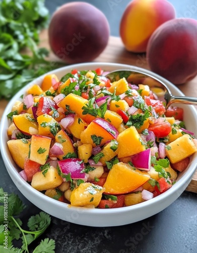 Fresh peach salsa with colorful vegetables and herbs served in a bowl on a wo...