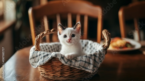 A playful kitten sits in a woven basket on a dining table amidst fresh fruit ...