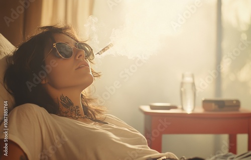 A woman relaxes indoors while enjoying a moment of tranquility and contemplat...