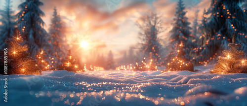 A serene winter landscape featuring illuminated Christmas trees and glistening snow, capturing a magical sunset atmosphere.