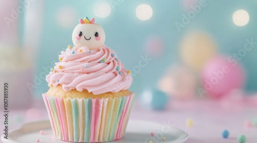 Colorful cupcake with pink frosting and decorative figure on a pastel background