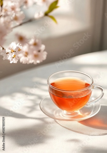 A warm cup of tea beside an hourglass on a soft fabric backdrop in natural light