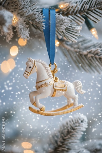 Decorative unicorn ornament hanging on a snowy tree with festive lights durin...
