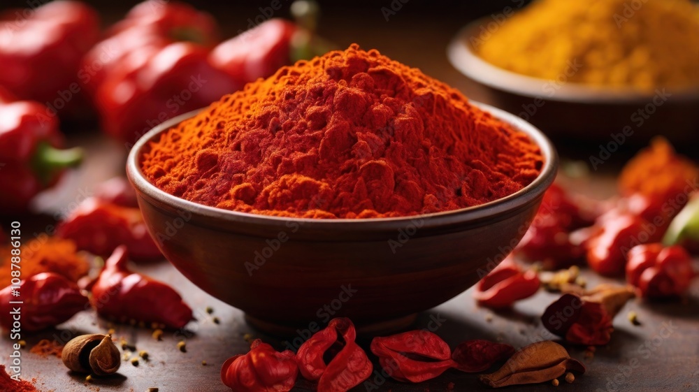 Bowl of red chili powder on a wooden table with other spices and red peppers. Bowl of red chili powder on a wooden table with other spices and red peppers.