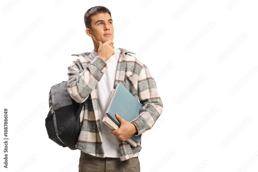Male student with backpack and books standing and thinking Male student with backpack and books standing and thinking