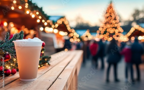 Two drinks on a wooden table at a festive market with Christmas lights in the...