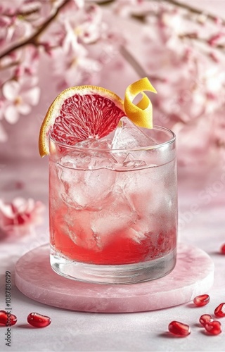 Refreshing pomegranate and orange drink served over ice on a stylish marble c...