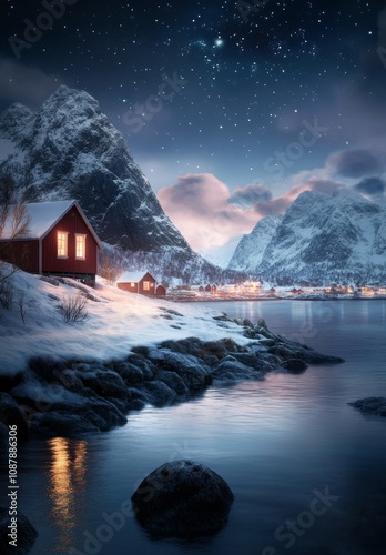Picturesque winter landscape with red cabins by the lake under a starry night...