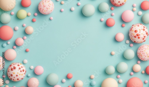 Colorful pastel round candies scattered on a blue background creating a sweet and playful atmosphere