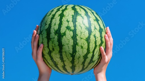 Person holding a large watermelon against a clear blue sky on a sunny day