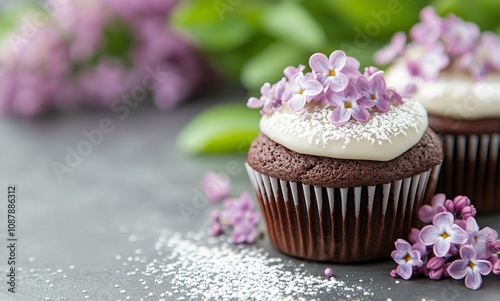 Chocolate cupcakes with lavender frosting and flowers on a gray background