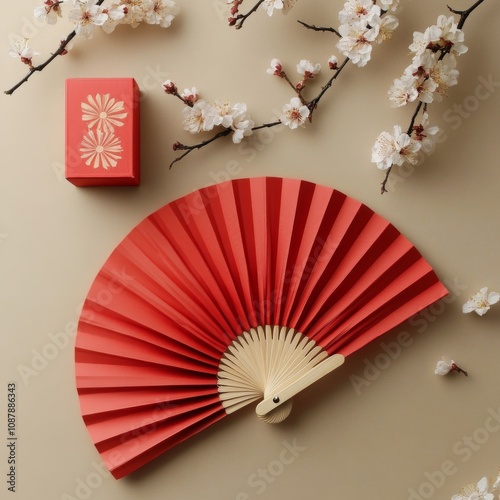 Elegant red fan and decorative box with blossoms on a soft background
