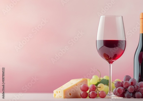 A glass of red wine beside a cheese platter with grapes on a pink table