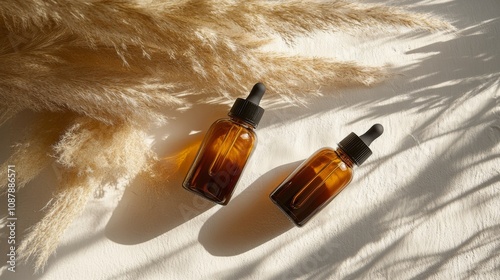 Natural essential oil bottles on soft fabric with golden light and dried plan...
