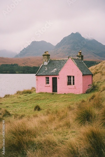 A quaint pink cottage by the serene lake surrounded by mountains in a misty l...