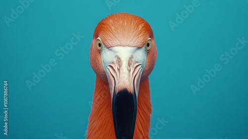 A close up of a flamingos head against a bright blue background during midday