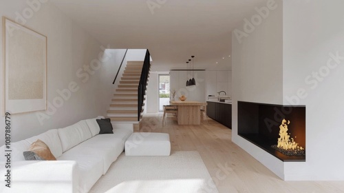 Modern living room with natural light and cozy fireplace in a stylish home se...