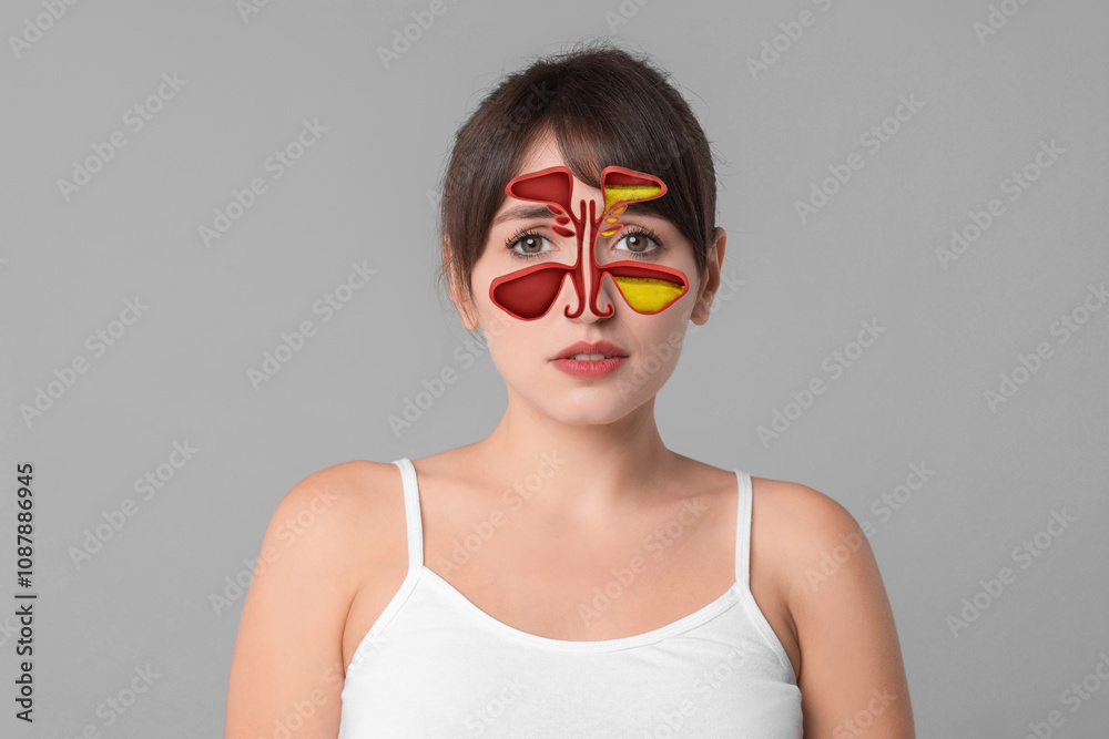 Woman suffering from sinusitis on light grey background. Illustration on her face showing disease Woman suffering from sinusitis on light grey background. Illustration on her face showing disease