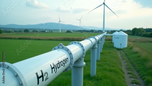A white hydrogen pipeline and wind turbines on the background. Green landscape in the background. Green hydrogen production concept
