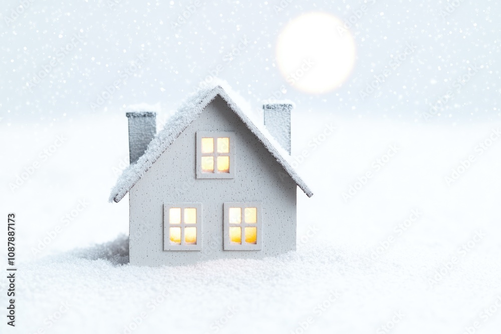 A small toy house in snowy landscape with full moon in background A small toy house in snowy landscape with full moon in background