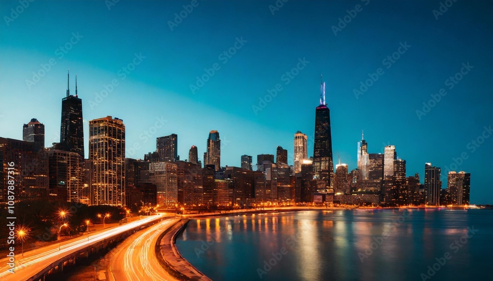 Obraz premium Chicago Skyline with Dark Background and Neon Highlights