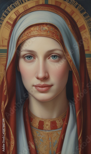 The tender gaze of the Virgin Mary, depicted with a wealth of color tones. photo