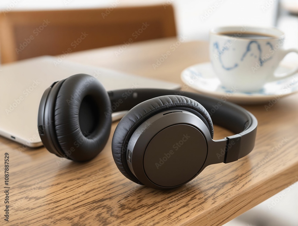Modern over-ear headphones on a wooden table, with a laptop and coffee cup in a café environment Modern over-ear headphones on a wooden table, with a laptop and coffee cup in a café environment